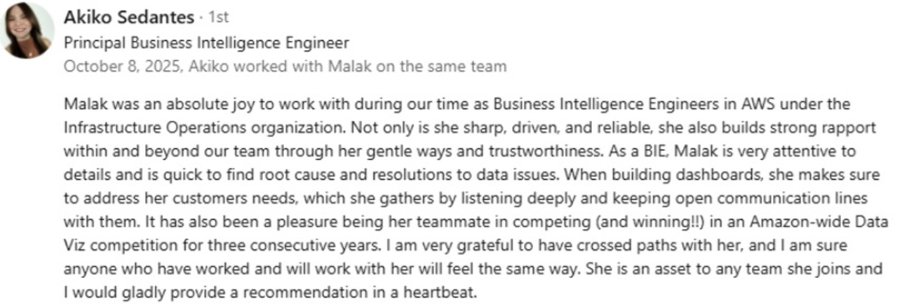 Recommendation letter from Akiko Sedants at AWS, October 2025